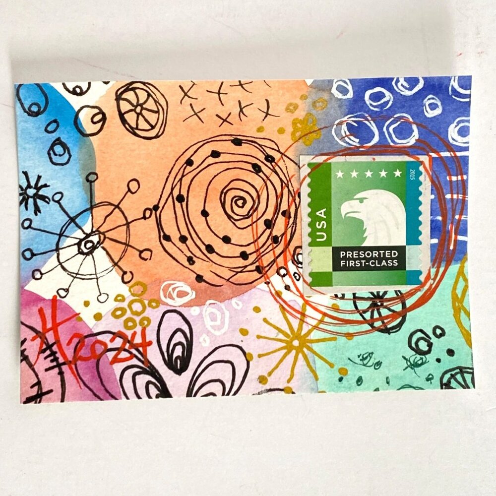 ACEO Original Watercolor Doodle US Postage Stamp Art Tristina Dietz Elmes ATC